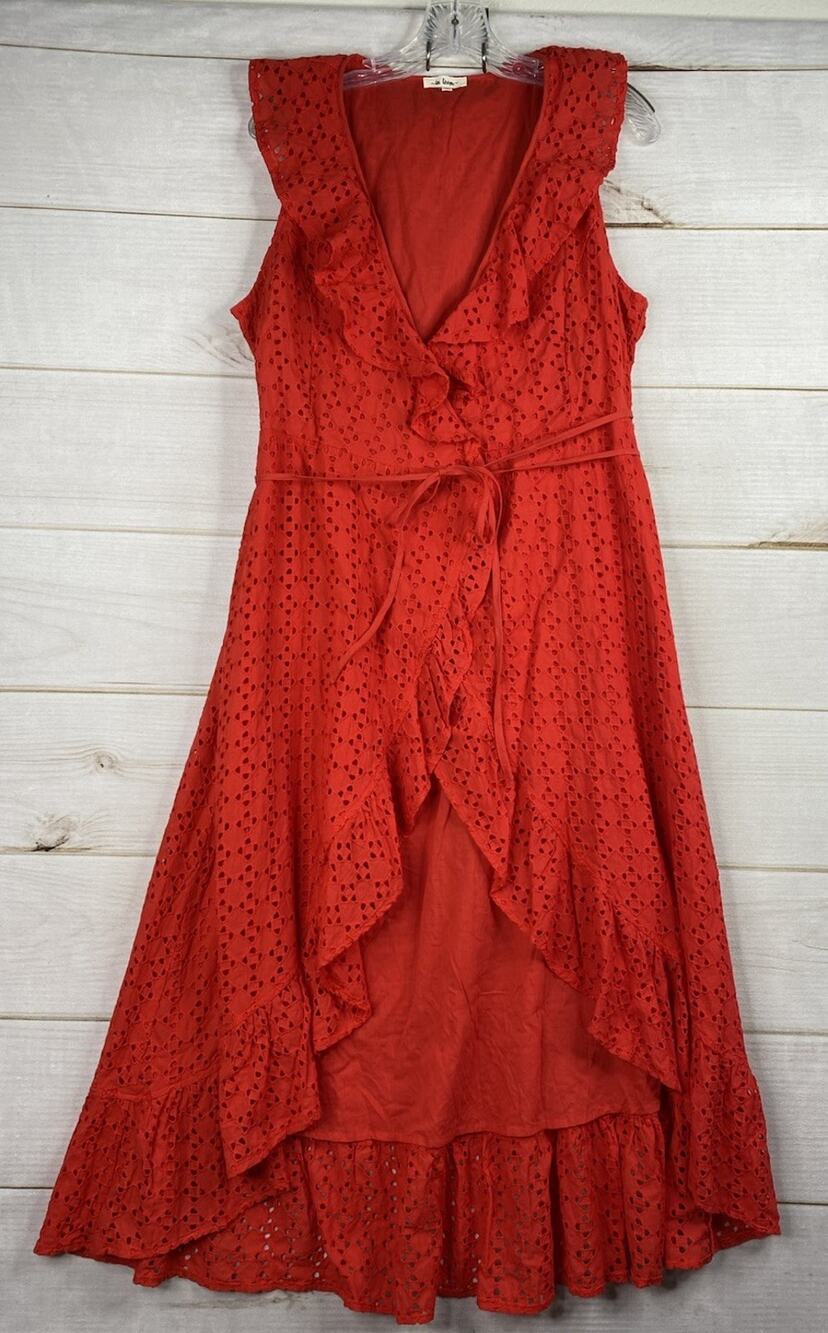 IN LOOM Maxi Dress Sz L Red Wrap Style V Neck Ruffled Eyelet Cutout Cotton Lined